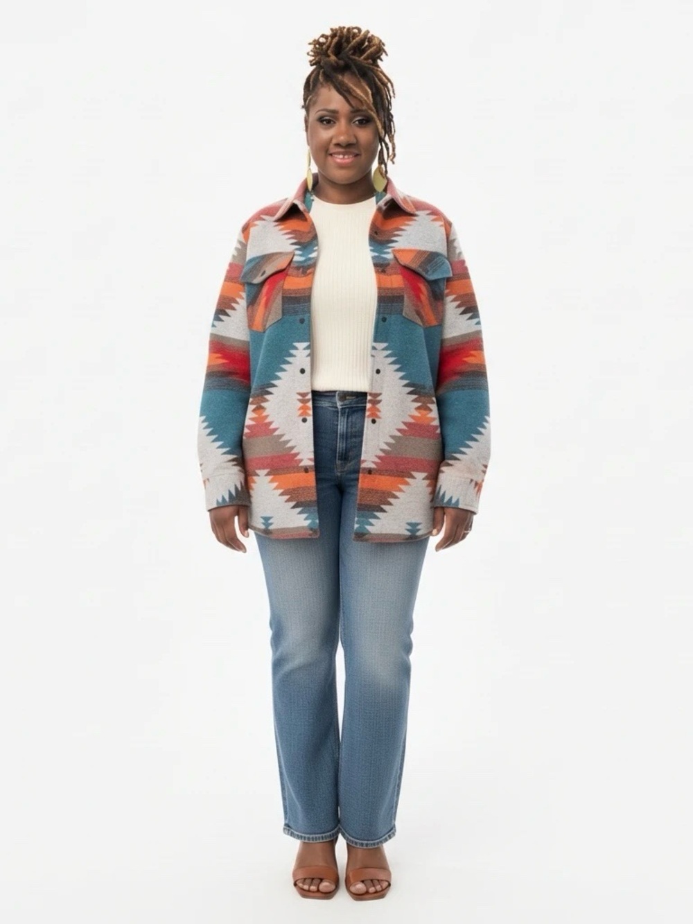 Aztec-Print Shacket Jacket in Teal & Rust